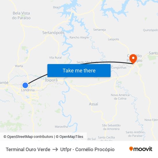 Terminal Ouro Verde to Utfpr - Cornélio Procópio map