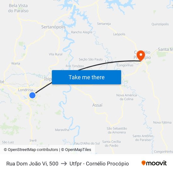 Rua Dom João Vi, 500 to Utfpr - Cornélio Procópio map