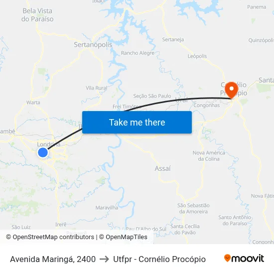 Avenida Maringá, 2400 to Utfpr - Cornélio Procópio map