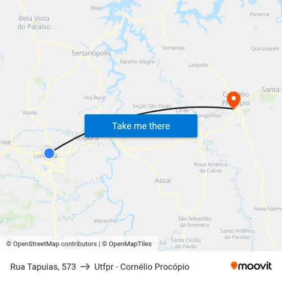 Rua Tapuias, 573 to Utfpr - Cornélio Procópio map