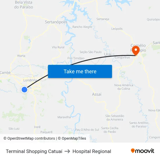 Terminal Shopping Catuaí to Hospital Regional map