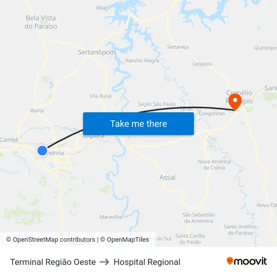 Terminal  Região Oeste to Hospital Regional map
