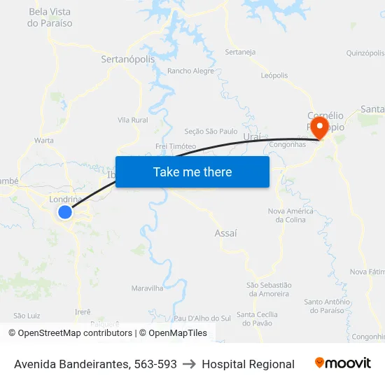 Avenida Bandeirantes, 563-593 to Hospital Regional map