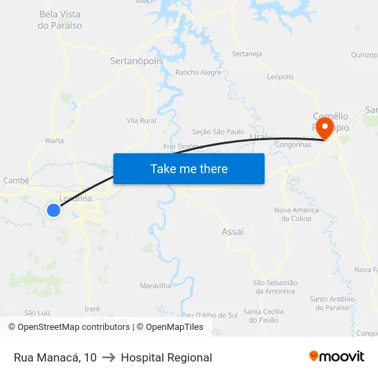 Rua Manacá, 10 to Hospital Regional map