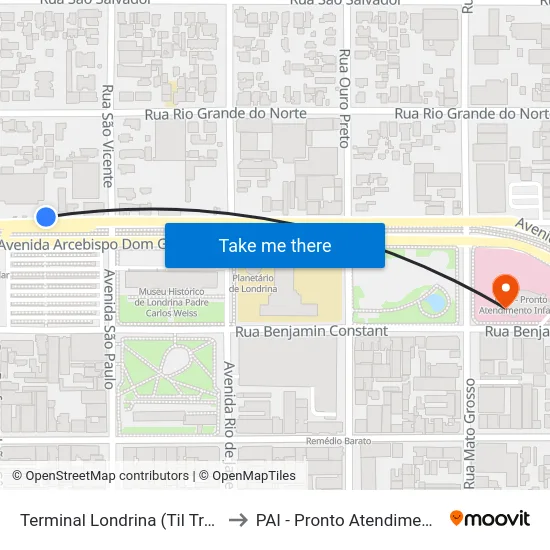 Terminal Londrina (Til Transportes) to PAI - Pronto Atendimento Infantil map