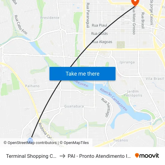 Terminal Shopping Catuaí to PAI - Pronto Atendimento Infantil map