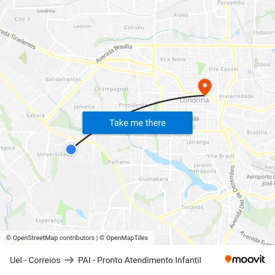 Uel - Correios to PAI - Pronto Atendimento Infantil map