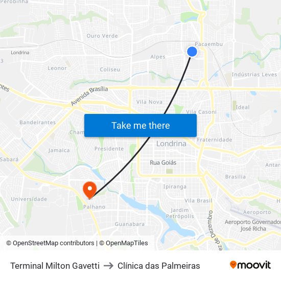 Terminal Milton Gavetti to Clínica das Palmeiras map