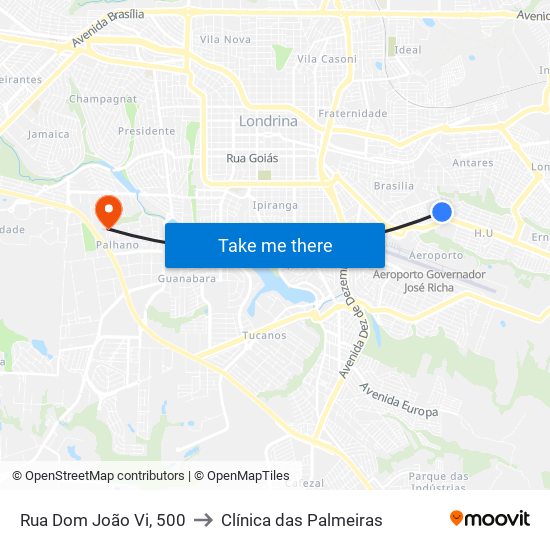 Rua Dom João Vi, 500 to Clínica das Palmeiras map