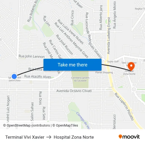 Terminal Vivi Xavier to Hospital Zona Norte map