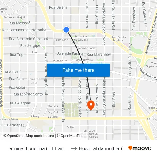Terminal Londrina (Til Transportes) to Hospital da mulher (Clam) map