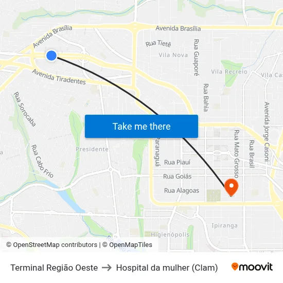 Terminal  Região Oeste to Hospital da mulher (Clam) map