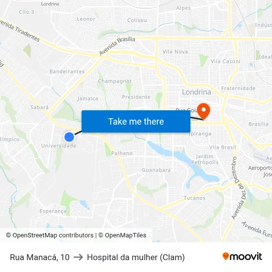 Rua Manacá, 10 to Hospital da mulher (Clam) map