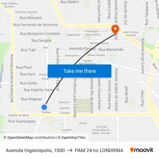 Avenida Higienópolis, 1000 to PAM 24 hs LONDRINA map