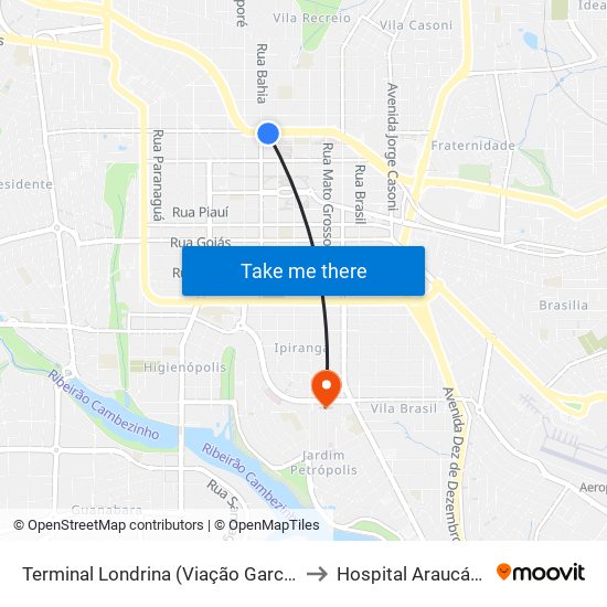 Terminal Londrina (Viação Garcia) to Hospital Araucária map