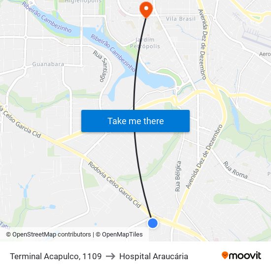 Terminal Acapulco, 1109 to Hospital Araucária map