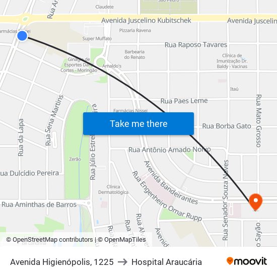 Avenida Higienópolis, 1225 to Hospital Araucária map