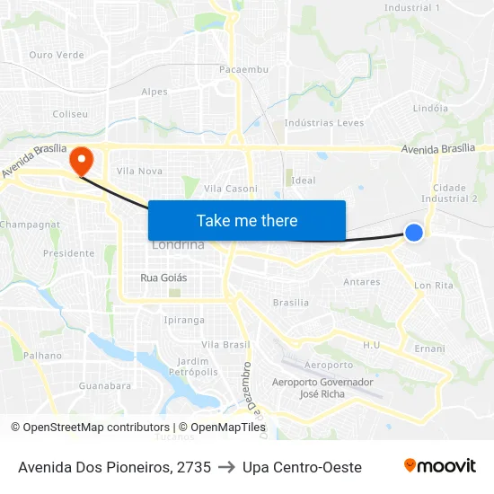 Avenida Dos Pioneiros, 2735 to Upa Centro-Oeste map