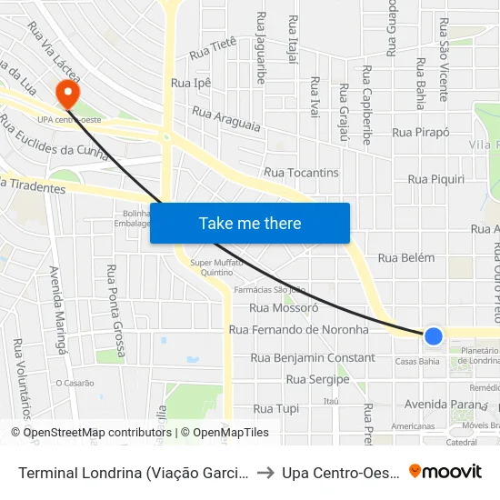 Terminal Londrina (Viação Garcia) to Upa Centro-Oeste map