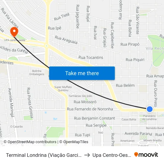 Terminal Londrina  (Viação Garcia) to Upa Centro-Oeste map
