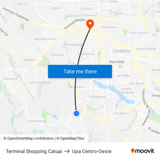 Terminal Shopping Catuaí to Upa Centro-Oeste map