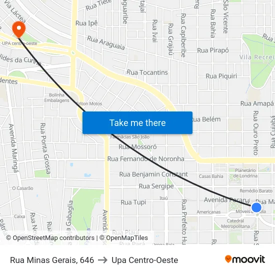 Rua Minas Gerais, 646 to Upa Centro-Oeste map