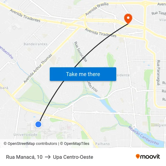 Rua Manacá, 10 to Upa Centro-Oeste map