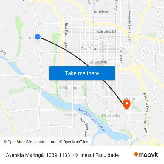Avenida Maringá, 1039-1133 to Inesul-Faculdade map