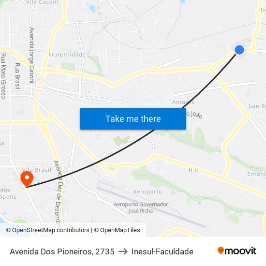 Avenida Dos Pioneiros, 2735 to Inesul-Faculdade map