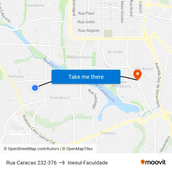 Rua Caracas 232-376 to Inesul-Faculdade map