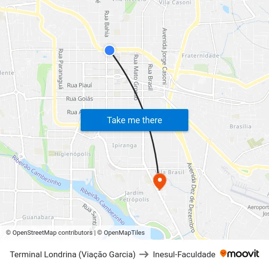 Terminal Londrina (Viação Garcia) to Inesul-Faculdade map