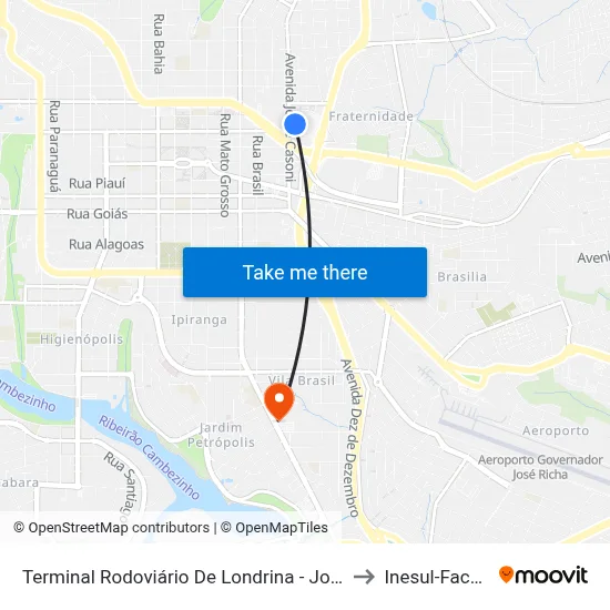 Terminal Rodoviário De Londrina - José Garcia Villar to Inesul-Faculdade map