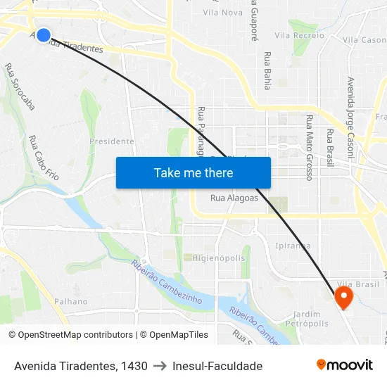 Avenida Tiradentes, 1430 to Inesul-Faculdade map