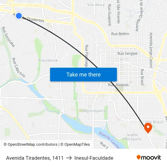 Avenida Tiradentes, 1411 to Inesul-Faculdade map