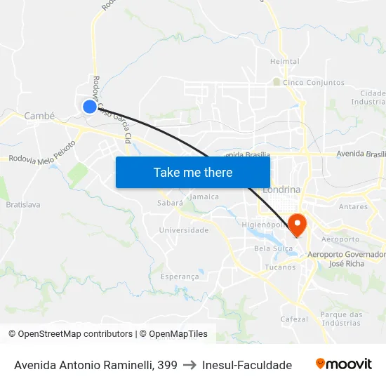 Avenida Antonio Raminelli, 399 to Inesul-Faculdade map