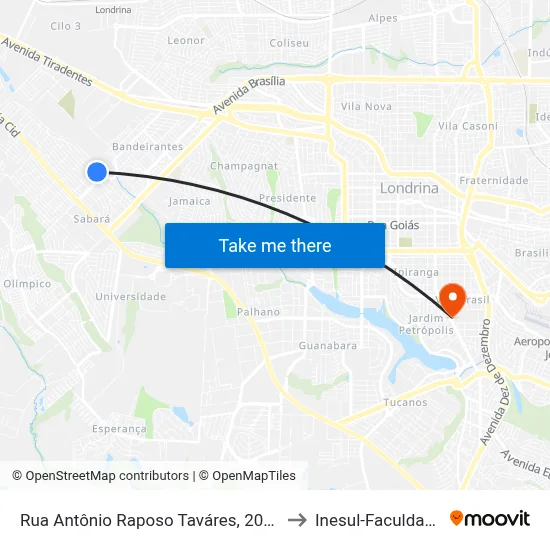 Rua Antônio Raposo Taváres, 2026 to Inesul-Faculdade map