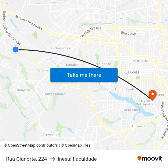Rua Cianorte, 224 to Inesul-Faculdade map