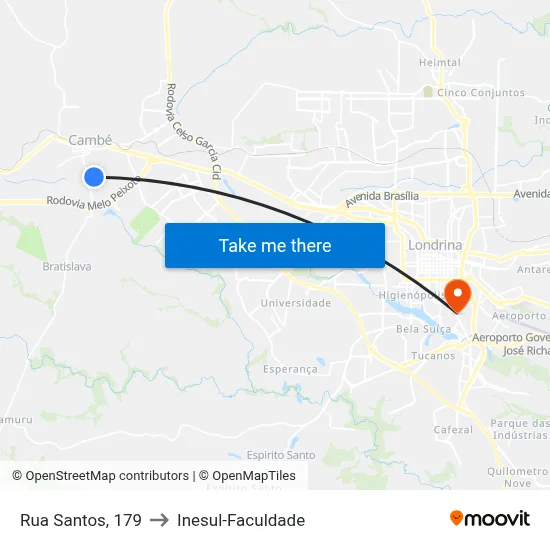 Rua Santos, 179 to Inesul-Faculdade map