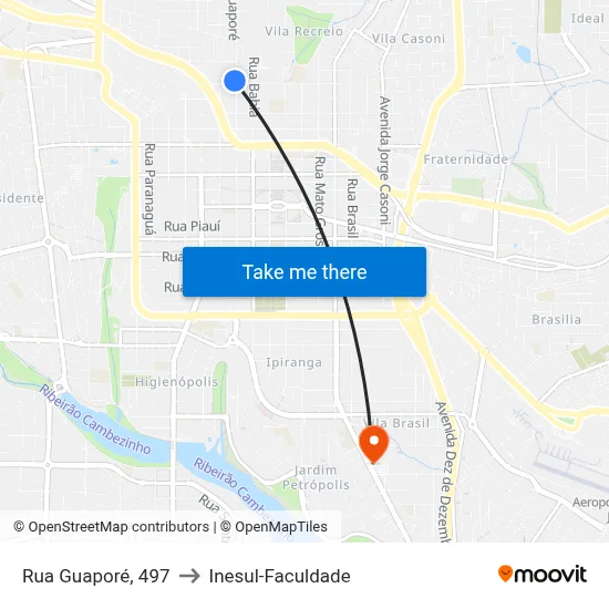 Rua Guaporé, 497 to Inesul-Faculdade map