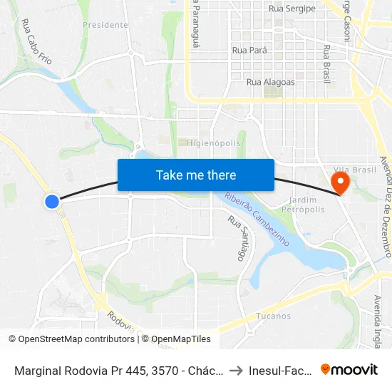 Marginal Rodovia Pr 445, 3570 - Chácara Colina Verde to Inesul-Faculdade map