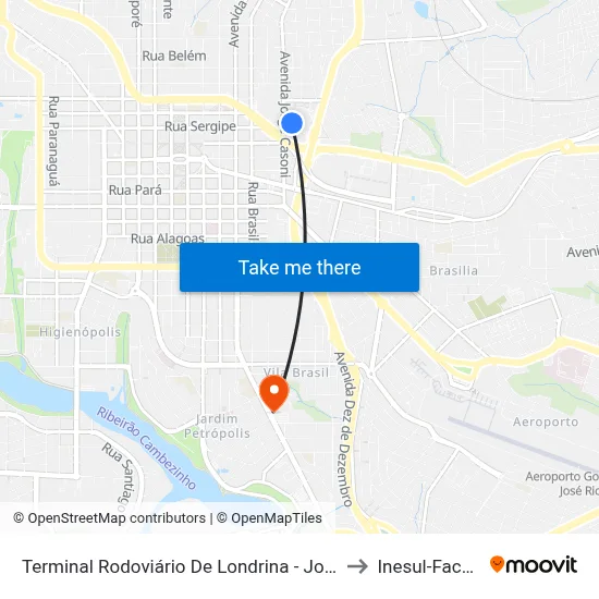 Terminal Rodoviário De Londrina - José Garcia Villar to Inesul-Faculdade map