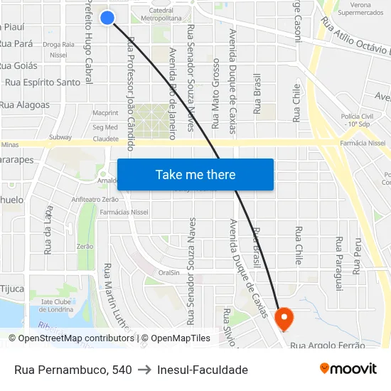 Rua Pernambuco, 540 to Inesul-Faculdade map