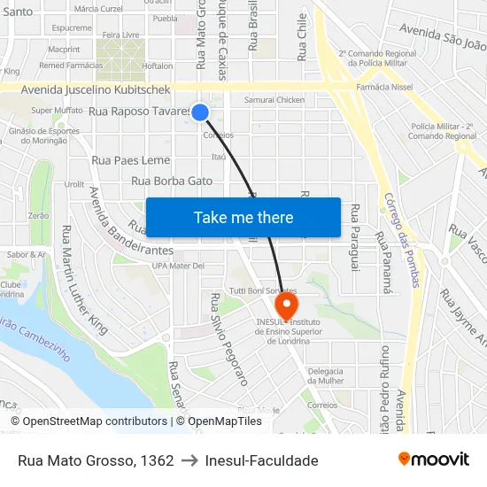 Rua Mato Grosso, 1362 to Inesul-Faculdade map