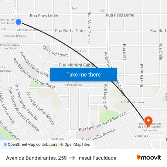 Avenida Bandeirantes, 259 to Inesul-Faculdade map