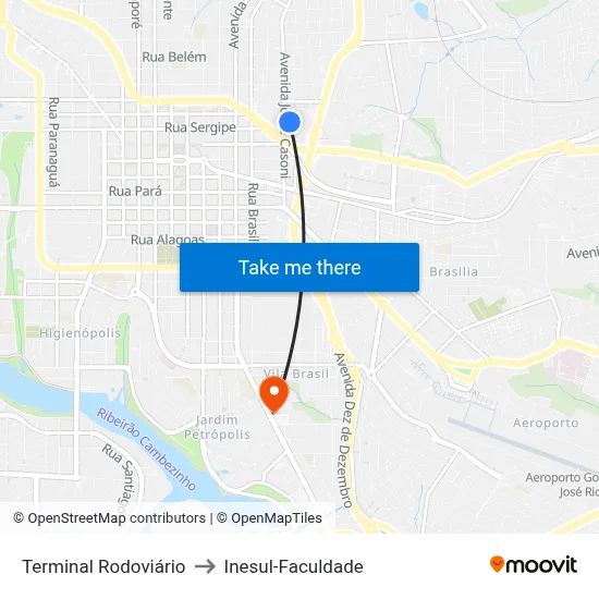 Terminal Rodoviário to Inesul-Faculdade map