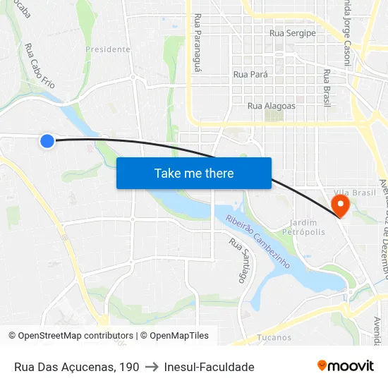 Rua Das Açucenas, 190 to Inesul-Faculdade map