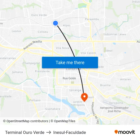 Terminal Ouro Verde to Inesul-Faculdade map
