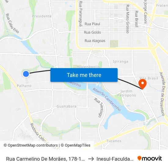Rua Carmelino De Morães, 178-186 to Inesul-Faculdade map
