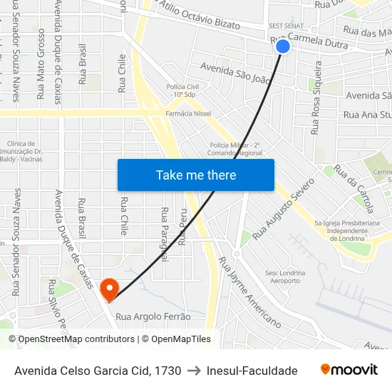 Avenida Celso Garcia Cid, 1730 to Inesul-Faculdade map