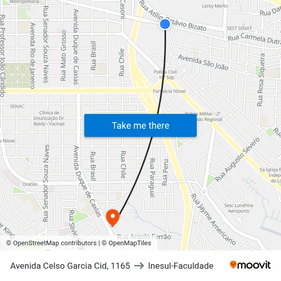Avenida Celso Garcia Cid, 1165 to Inesul-Faculdade map